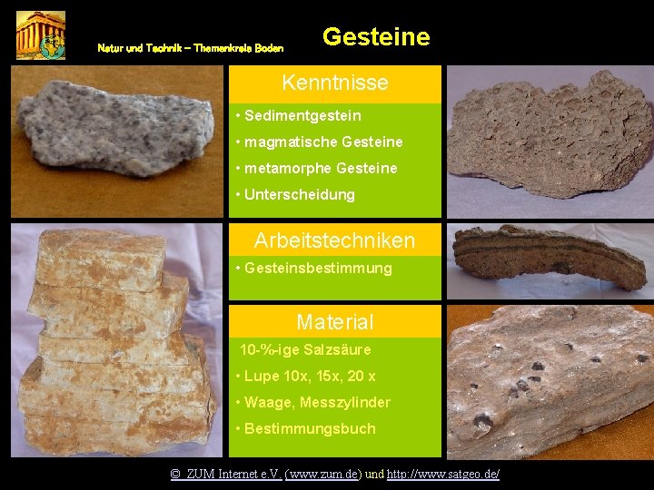 Gestein Natur und Technik – Themenkreis Boden Gesteine Kenntnisse • Sedimentgestein • magmatische Gesteine