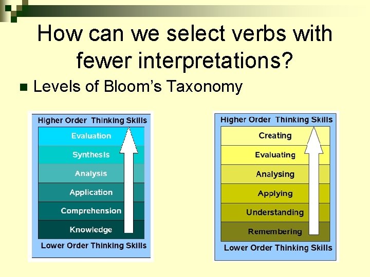 How can we select verbs with fewer interpretations? n Levels of Bloom’s Taxonomy 