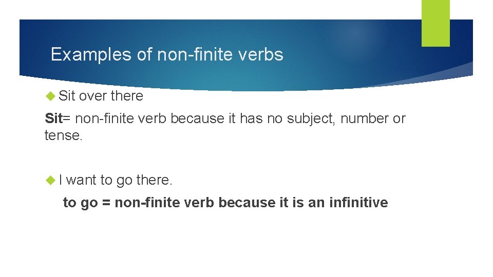 Examples of non-finite verbs Sit over there Sit= non-finite verb because it has no Examples of non-finite verbs Sit over there Sit= non-finite verb because it has no