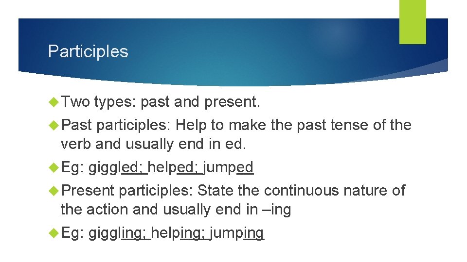 Participles Two types: past and present. Past participles: Help to make the past tense Participles Two types: past and present. Past participles: Help to make the past tense