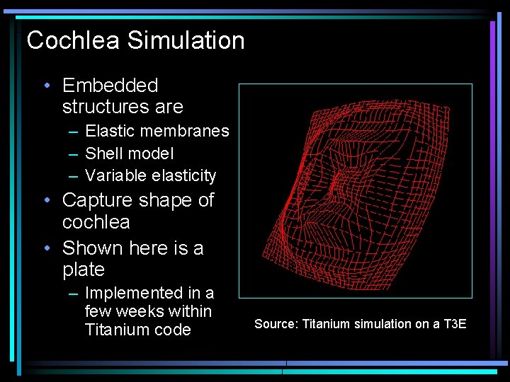 Cochlea Simulation • Embedded structures are – Elastic membranes – Shell model – Variable