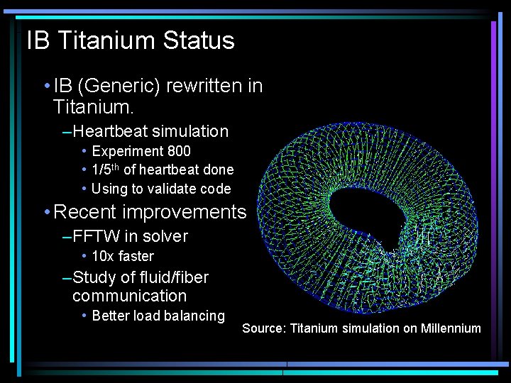 IB Titanium Status • IB (Generic) rewritten in Titanium. –Heartbeat simulation • Experiment 800