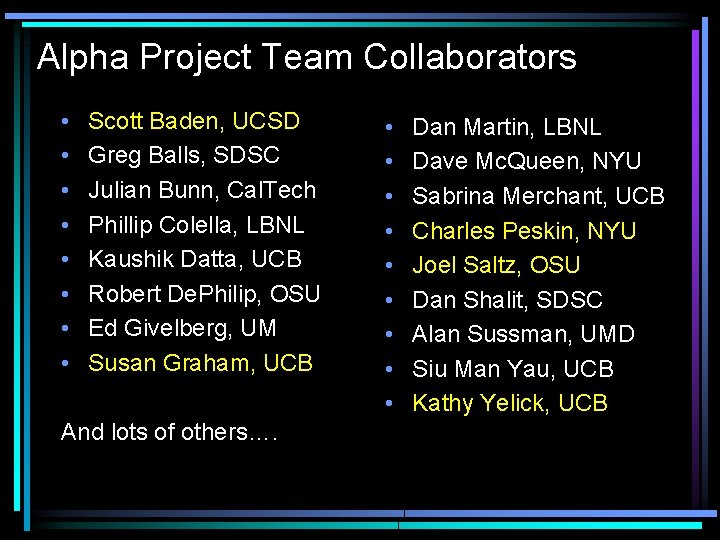 Alpha Project Team Collaborators • • Scott Baden, UCSD Greg Balls, SDSC Julian Bunn,