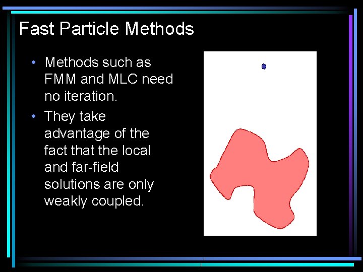 Fast Particle Methods • Methods such as FMM and MLC need no iteration. •