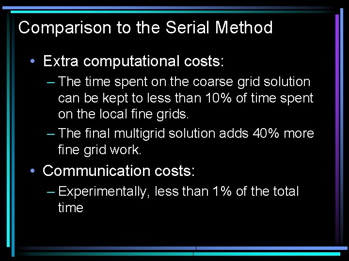 Comparison to the Serial Method • Extra computational costs: – The time spent on