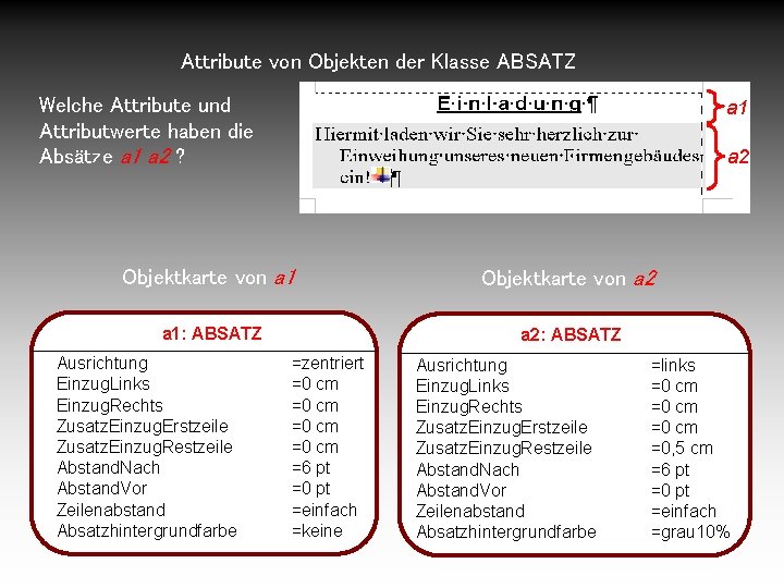 Attribute von Objekten der Klasse ABSATZ Welche Attribute und Attributwerte haben die Absätze a