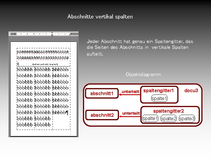 Abschnitte vertikal spalten Jeder Abschnitt hat genau ein Spaltengitter, das die Seiten des Abschnitts