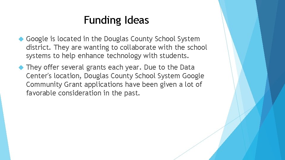 Funding Ideas Google is located in the Douglas County School System district. They are