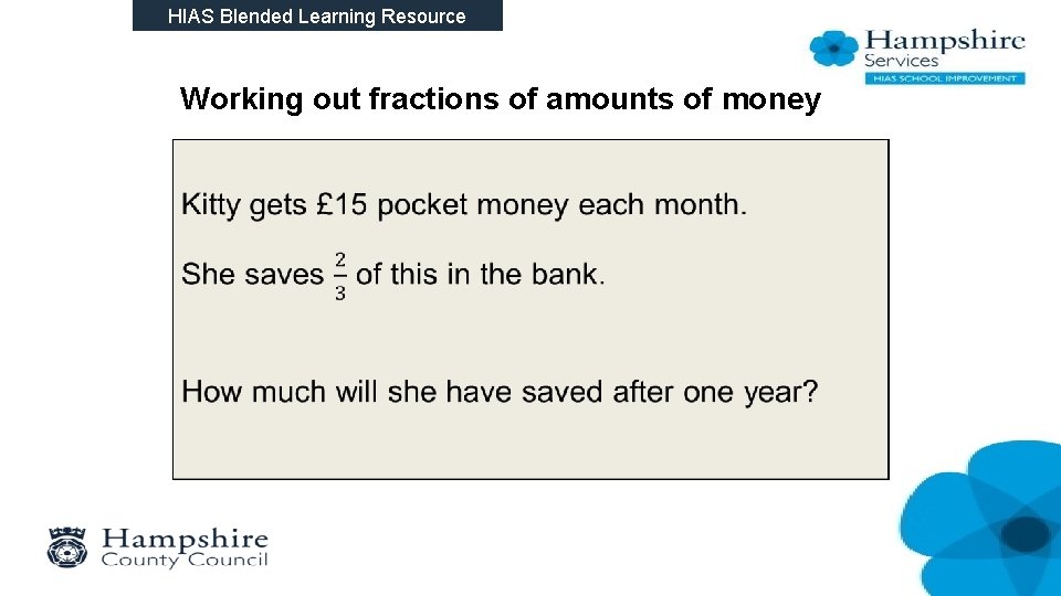 HIAS Blended Learning Resource Working out fractions of amounts of money • 