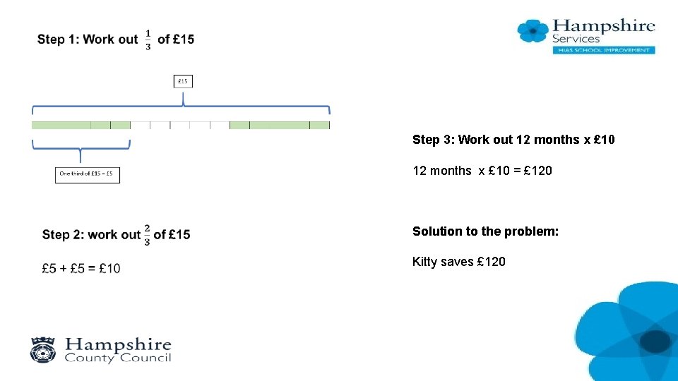 Step 3: Work out 12 months x £ 10 = £ 120 Solution to