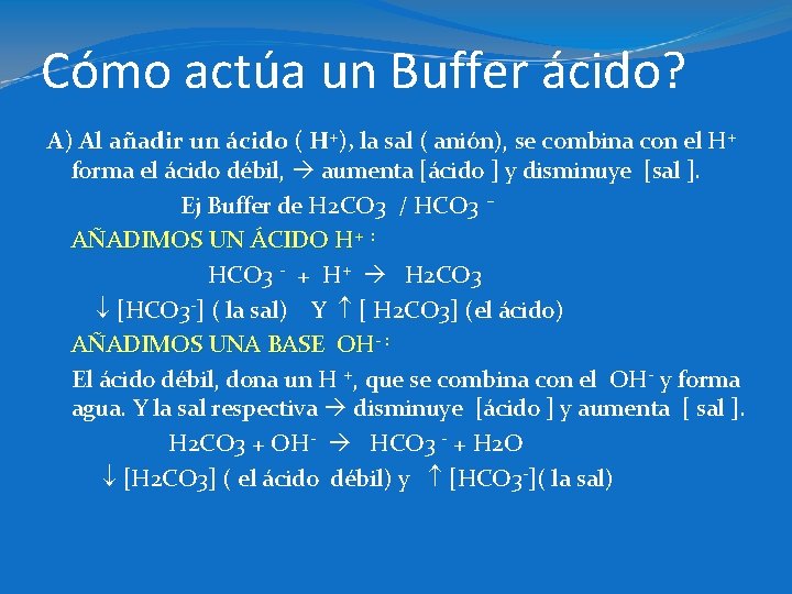 Cómo actúa un Buffer ácido? A) Al añadir un ácido ( H+), la sal