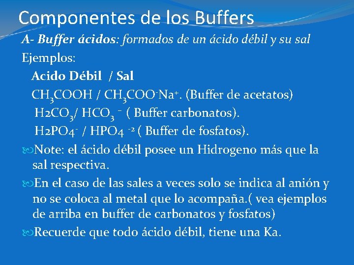 Componentes de los Buffers A- Buffer ácidos: formados de un ácido débil y su