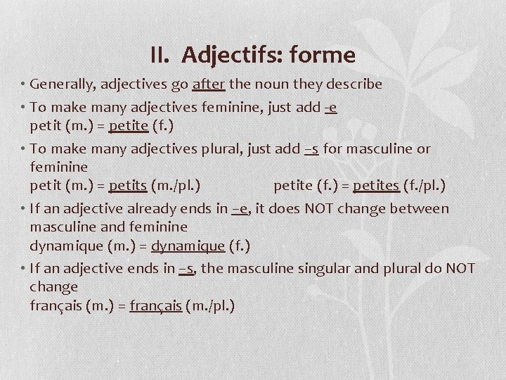 II. Adjectifs: forme • Generally, adjectives go after the noun they describe • To