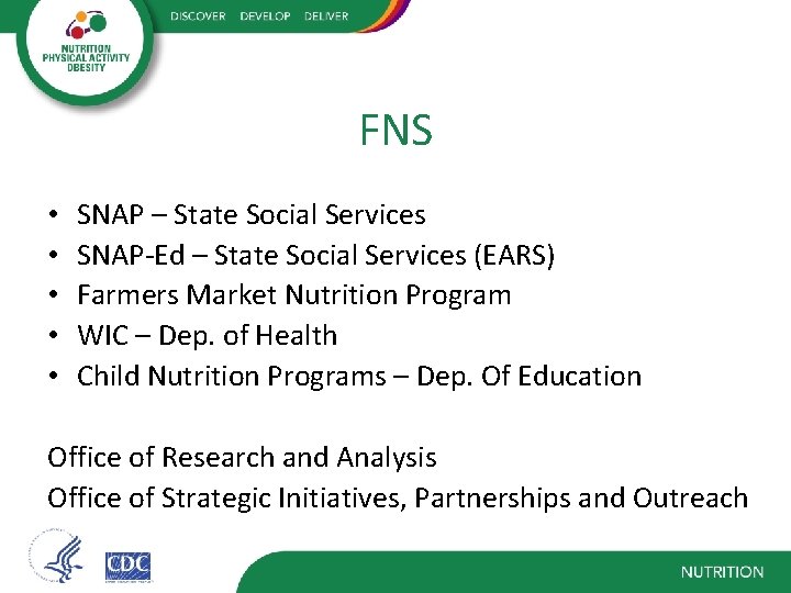 FNS • • • SNAP – State Social Services SNAP-Ed – State Social Services