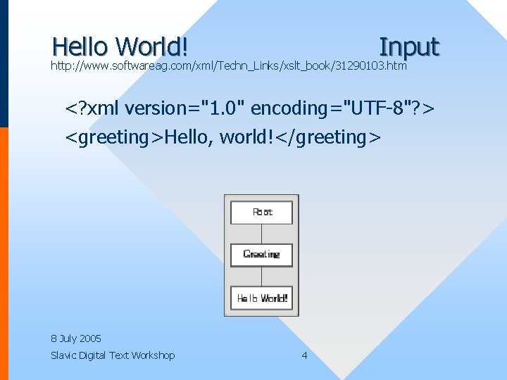 Hello World! Input http: //www. softwareag. com/xml/Techn_Links/xslt_book/31290103. htm <? xml version="1. 0" encoding="UTF-8"? >