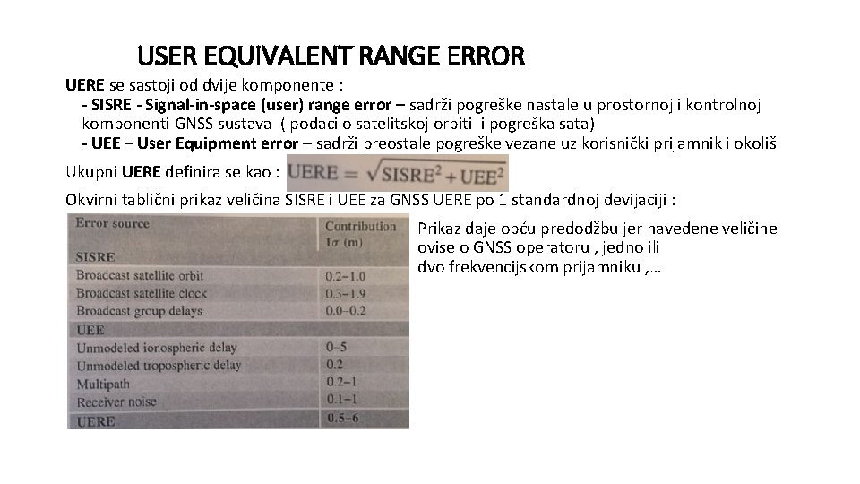 USER EQUIVALENT RANGE ERROR UERE se sastoji od dvije komponente : - SISRE -