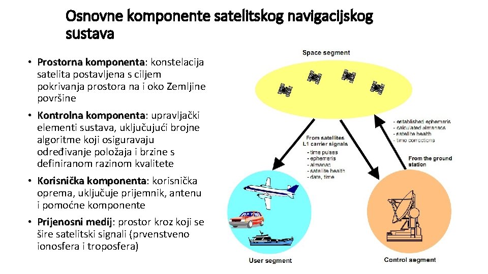 Osnovne komponente satelitskog navigacijskog sustava • Prostorna komponenta: komponenta konstelacija satelita postavljena s ciljem