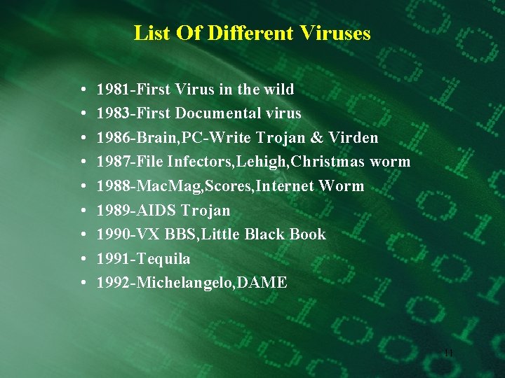 List Of Different Viruses • • • 1981 -First Virus in the wild 1983