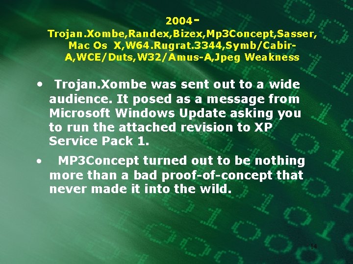 2004 Trojan. Xombe, Randex, Bizex, Mp 3 Concept, Sasser, Mac Os X, W 64.