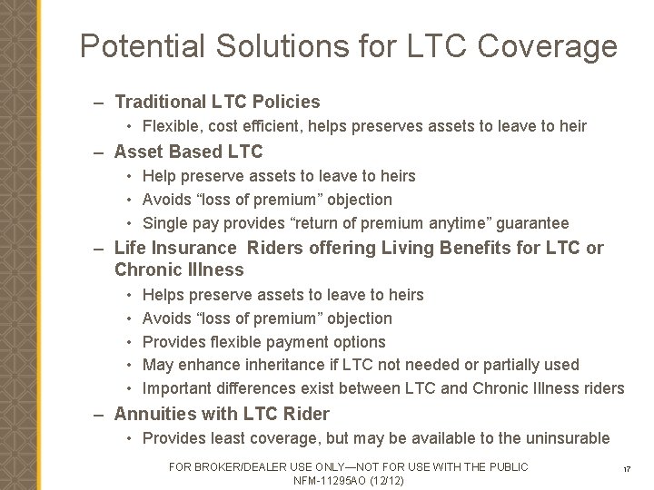 Potential Solutions for LTC Coverage – Traditional LTC Policies • Flexible, cost efficient, helps