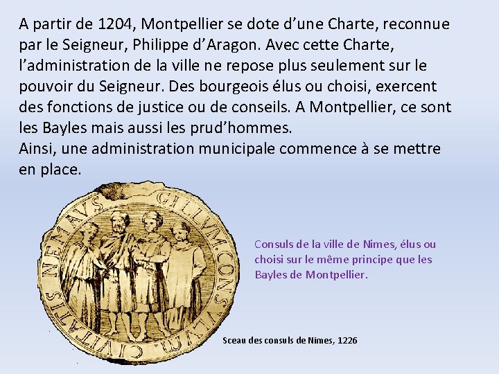 A partir de 1204, Montpellier se dote d’une Charte, reconnue par le Seigneur, Philippe