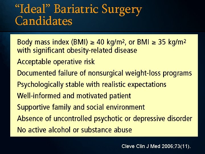 “Ideal” Bariatric Surgery Candidates Cleve Clin J Med 2006; 73(11). 