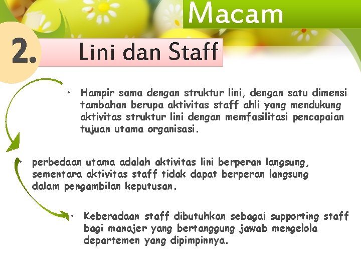 2. Macam Lini dan Staff • Hampir sama dengan struktur lini, dengan satu dimensi