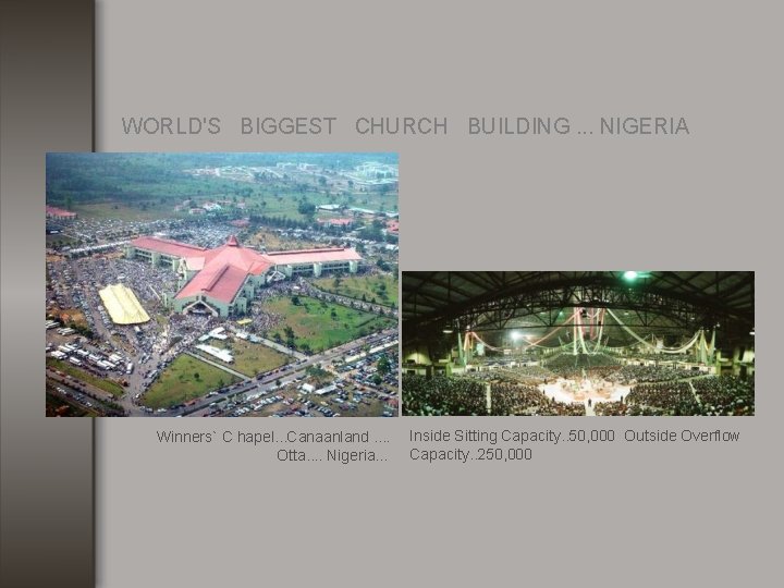 WORLD'S BIGGEST CHURCH BUILDING. . . NIGERIA Winners` C hapel. . . Canaanland. .