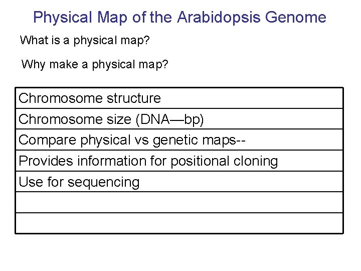Physical Map of the Arabidopsis Genome What is a physical map? Why make a