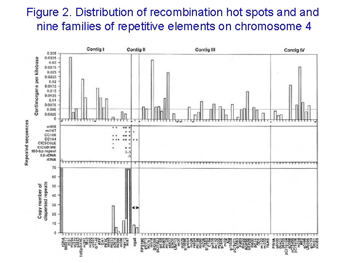 Figure 2. Distribution of recombination hot spots and nine families of repetitive elements on