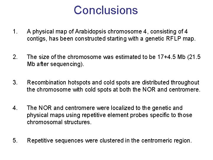 Conclusions 1. A physical map of Arabidopsis chromosome 4, consisting of 4 contigs, has