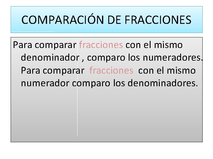 COMPARACIÓN DE FRACCIONES Para comparar fracciones con el mismo denominador , comparo los numeradores.