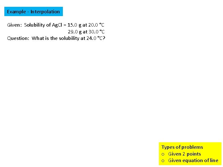 Example - Interpolation Given: Solubility of Ag. Cl = 15. 0 g at 20.