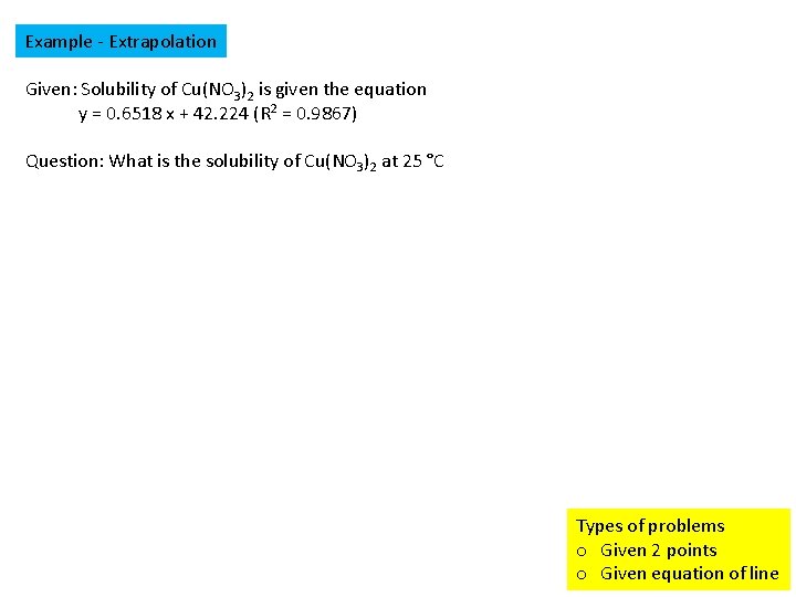 Example - Extrapolation Given: Solubility of Cu(NO 3)2 is given the equation y =