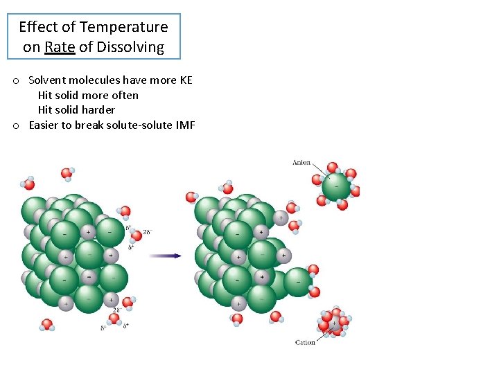 Effect of Temperature on Rate of Dissolving o Solvent molecules have more KE Hit