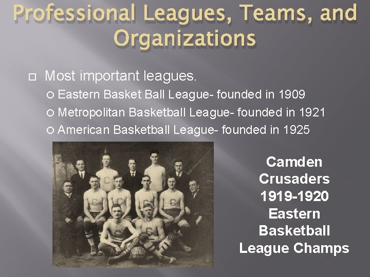 Professional Leagues, Teams, and Organizations Most important leagues. Eastern Basket Ball League- founded in