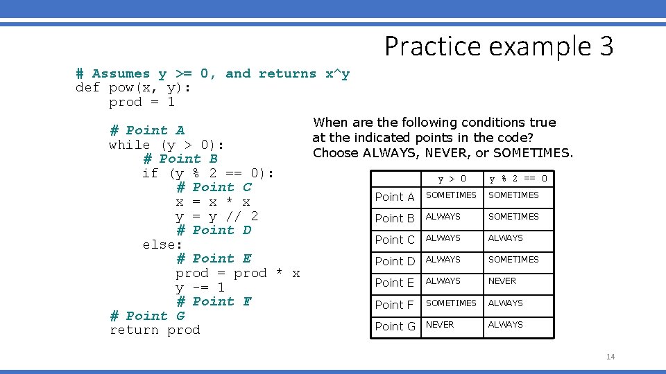 Practice example 3 # Assumes y >= 0, and returns x^y def pow(x, y):