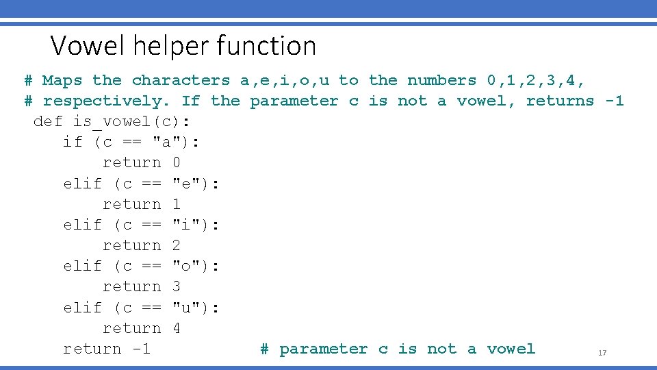 Vowel helper function # Maps the characters a, e, i, o, u to the