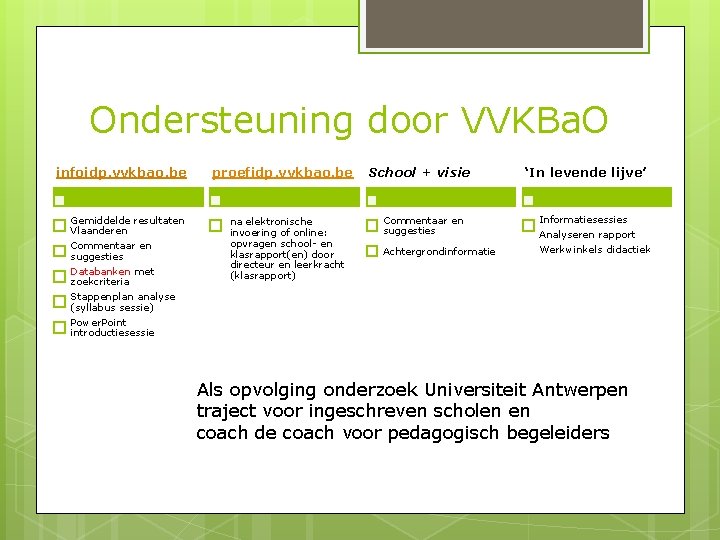 Ondersteuning door VVKBa. O infoidp. vvkbao. be Gemiddelde resultaten Vlaanderen Commentaar en suggesties Databanken