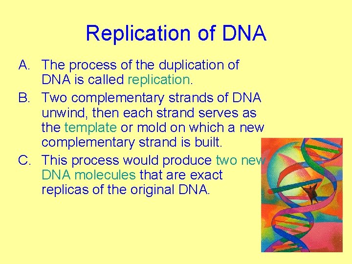 Replication of DNA A. The process of the duplication of DNA is called replication.