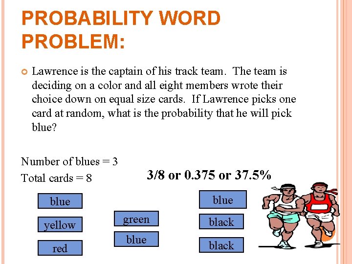 PROBABILITY WORD PROBLEM: Lawrence is the captain of his track team. The team is