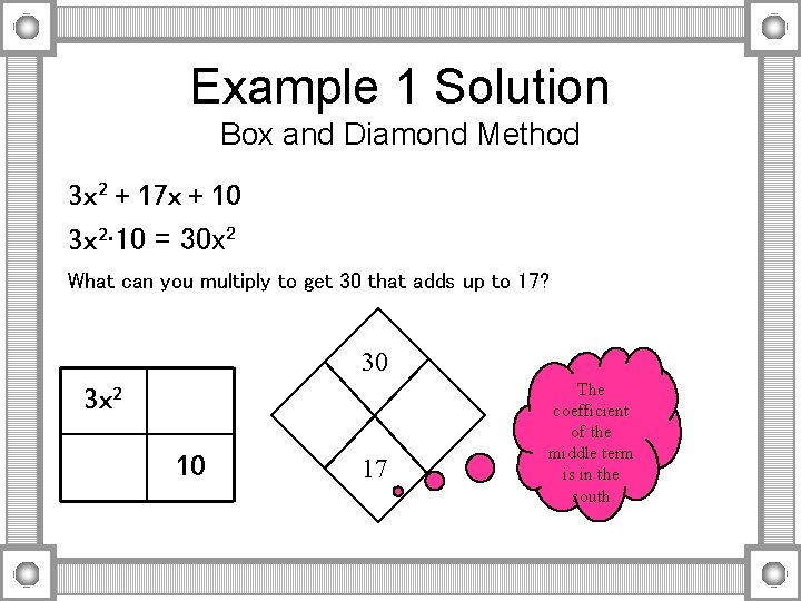 Example 1 Solution Box and Diamond Method 3 x 2 + 17 x +