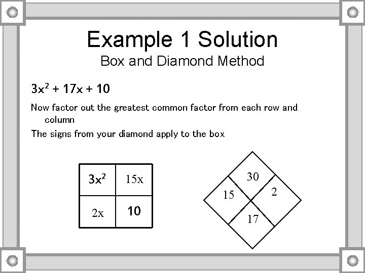 Example 1 Solution Box and Diamond Method 3 x 2 + 17 x +