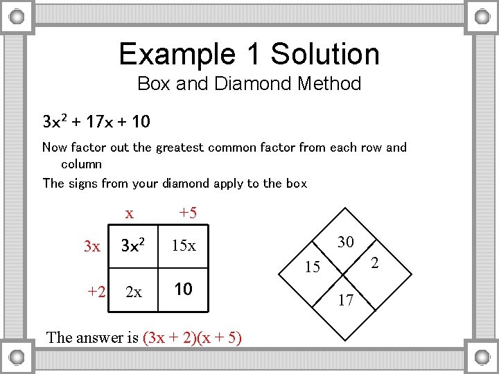 Example 1 Solution Box and Diamond Method 3 x 2 + 17 x +