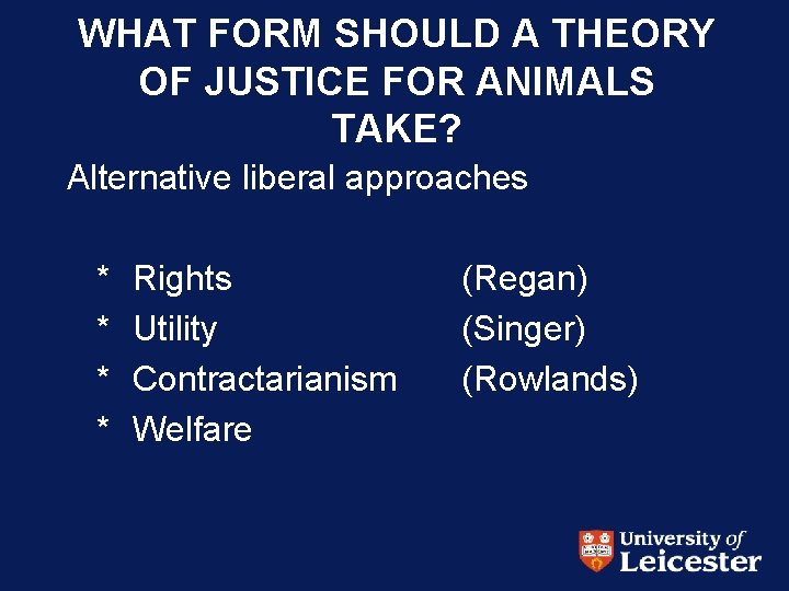 WHAT FORM SHOULD A THEORY OF JUSTICE FOR ANIMALS TAKE? Alternative liberal approaches *