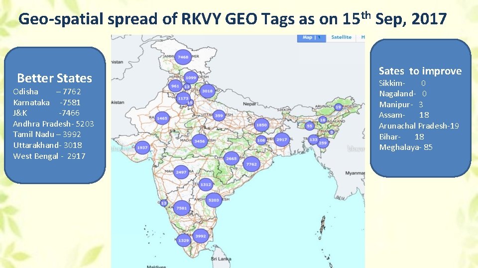 Geo-spatial spread of RKVY GEO Tags as on 15 th Sep, 2017 Better States