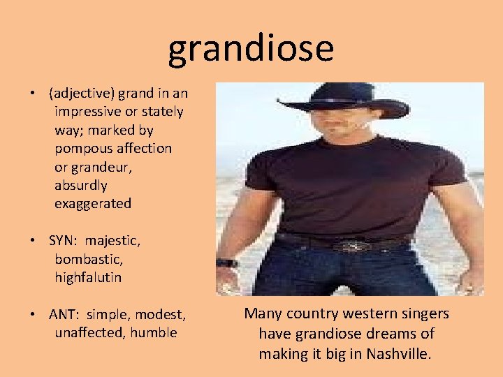 grandiose • (adjective) grand in an impressive or stately way; marked by pompous affection
