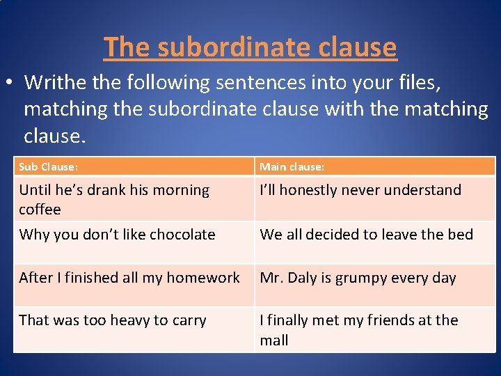 The subordinate clause • Writhe following sentences into your files, matching the subordinate clause