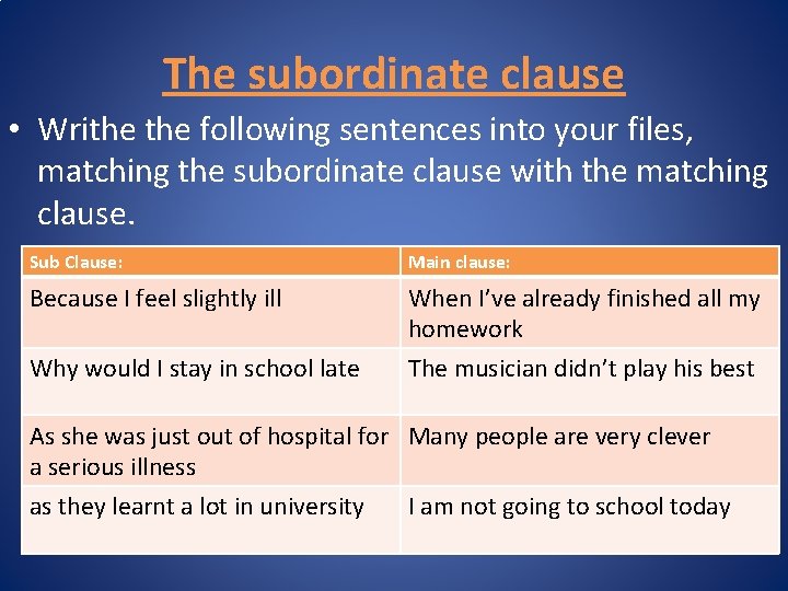 The subordinate clause • Writhe following sentences into your files, matching the subordinate clause