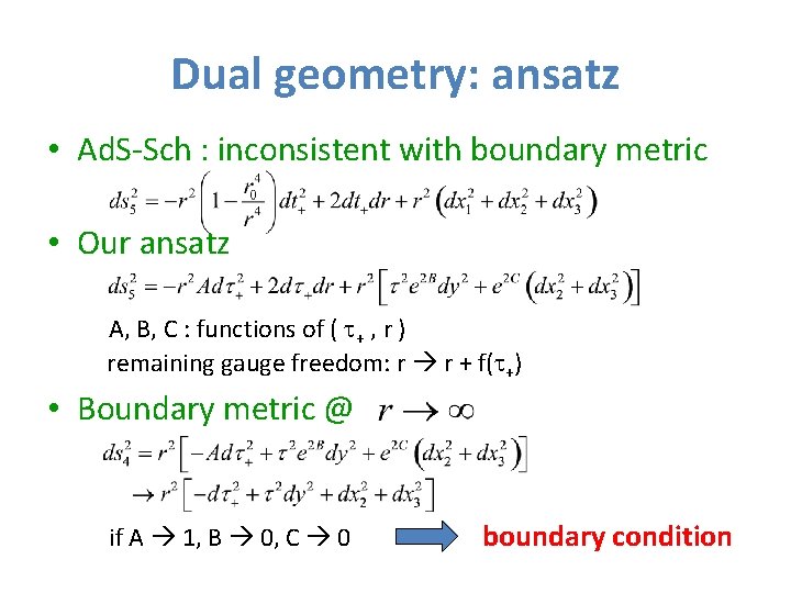 Dual geometry: ansatz • Ad. S-Sch : inconsistent with boundary metric • Our ansatz